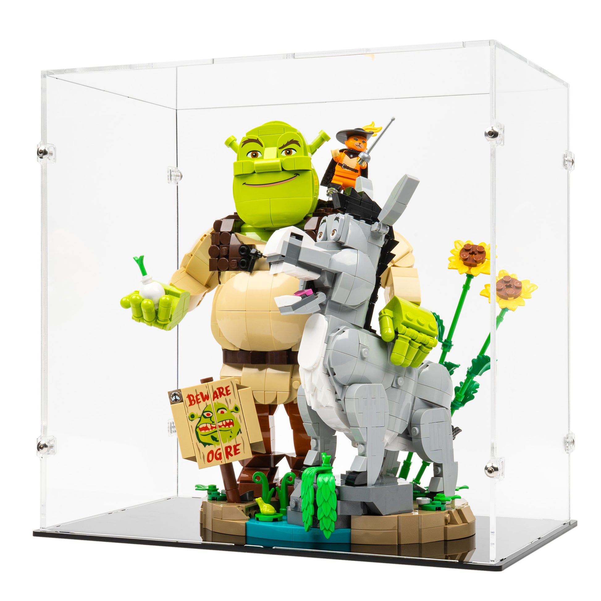 Angled view of LEGO 72423 Shrek, Donkey and Puss in Boots Display Case.