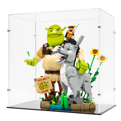 Angled view of LEGO 72423 Shrek, Donkey and Puss in Boots Display Case.