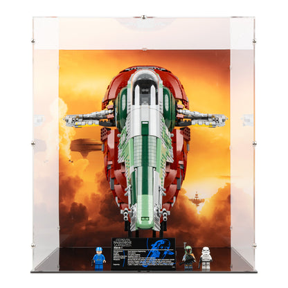 Front view of LEGO 75060 UCS Slave I Display Case with a UV printed background.