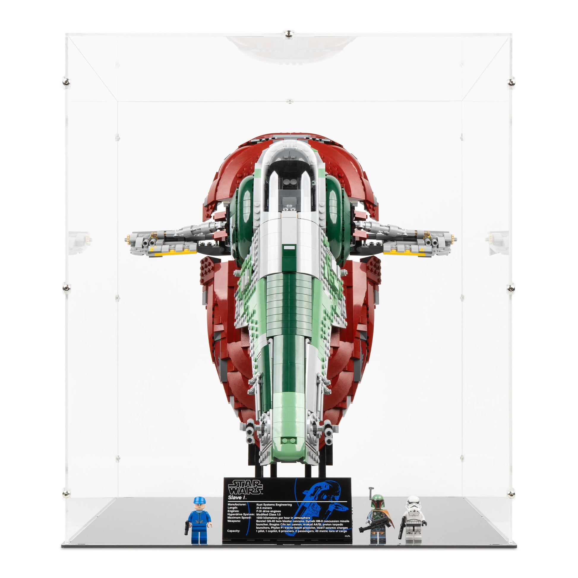 Front view of LEGO 75060 UCS Slave I Display Case.