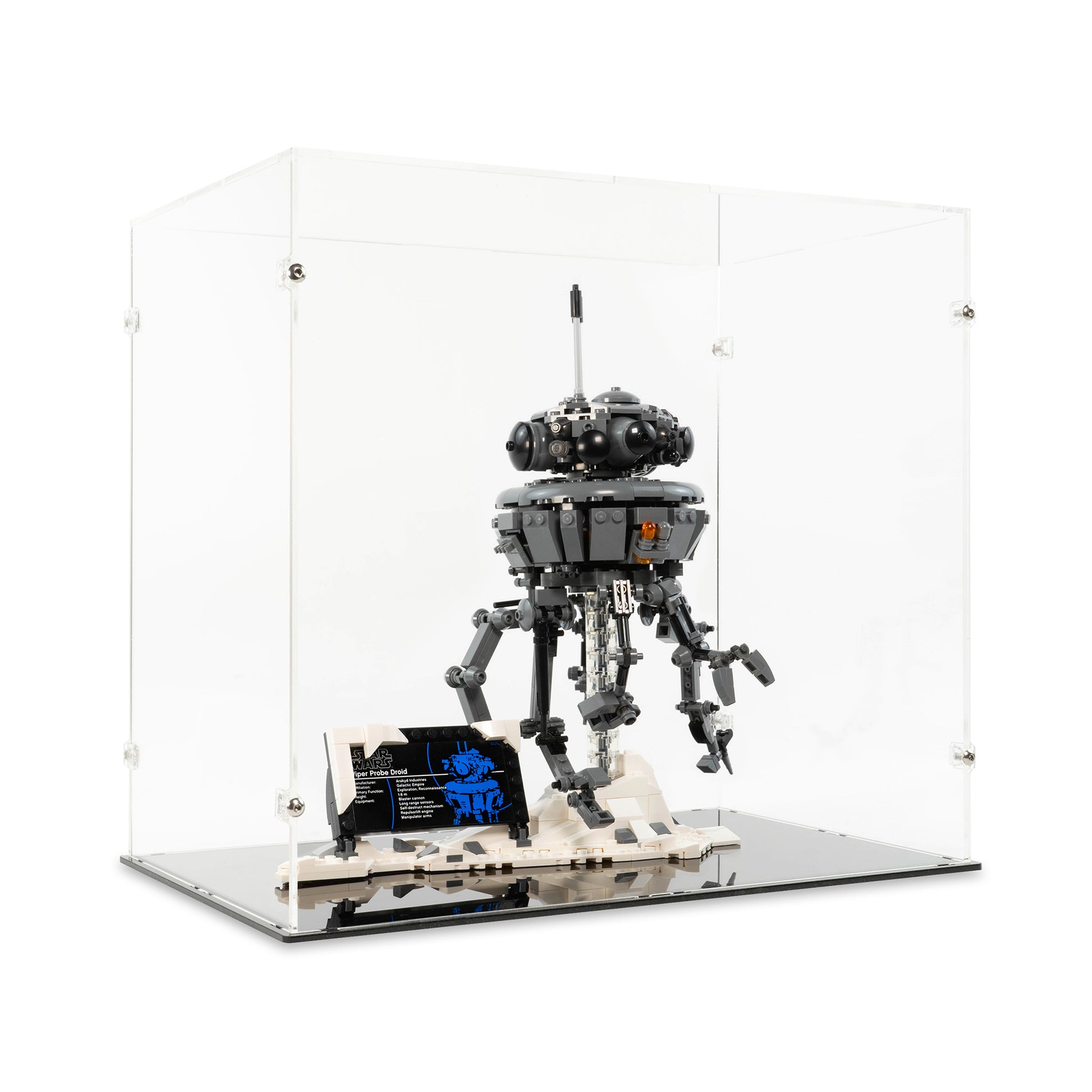 Angled view of LEGO 75306 Imperial Probe Droid Display Case.