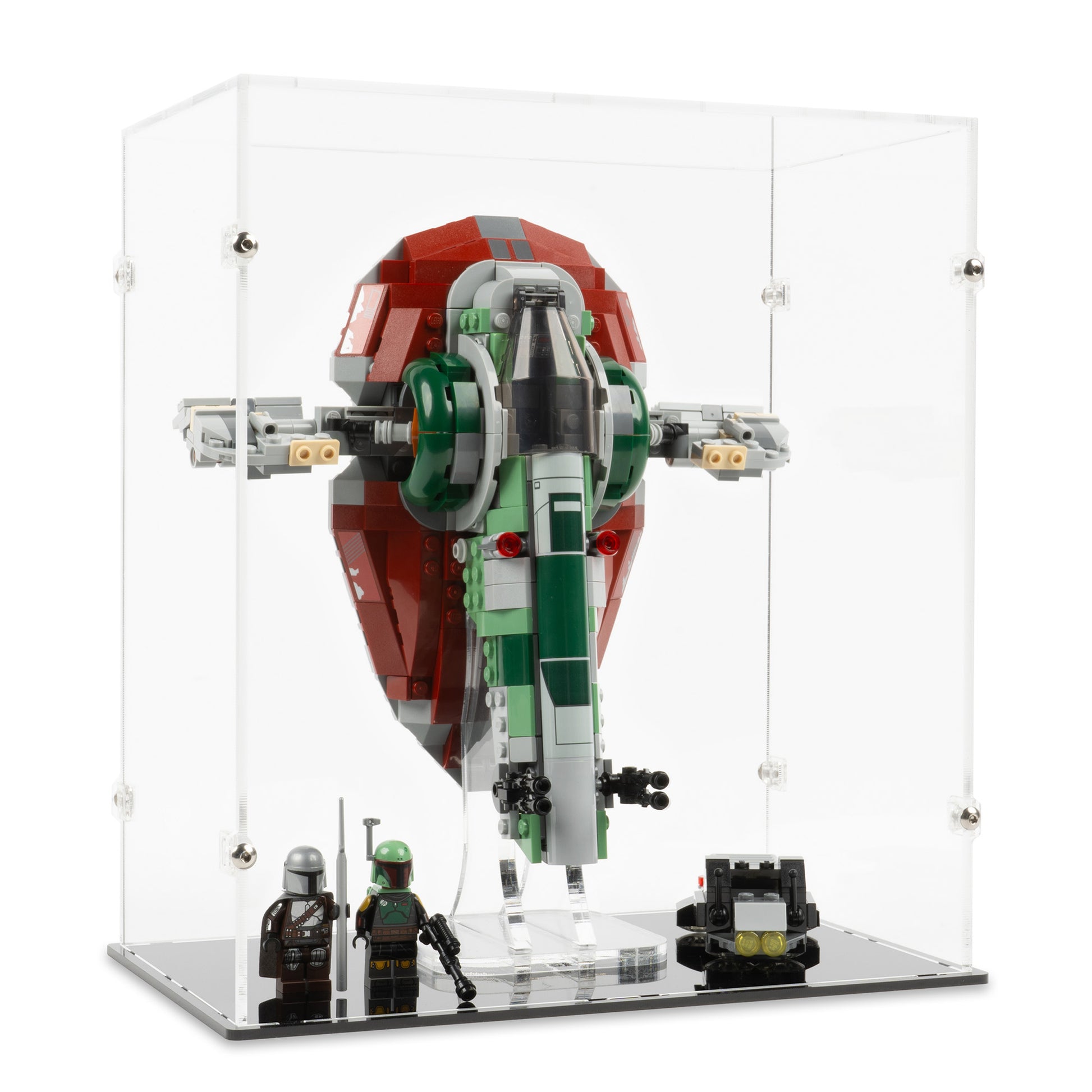Angled view of LEGO 75312 Boba Fett’s Starship Display Case and Stand.