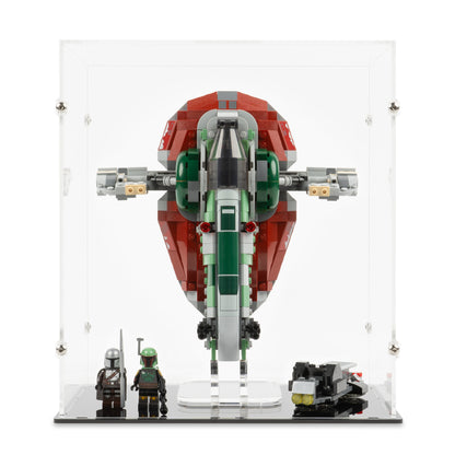 Front view of LEGO 75312 Boba Fett’s Starship Display Case and Stand.