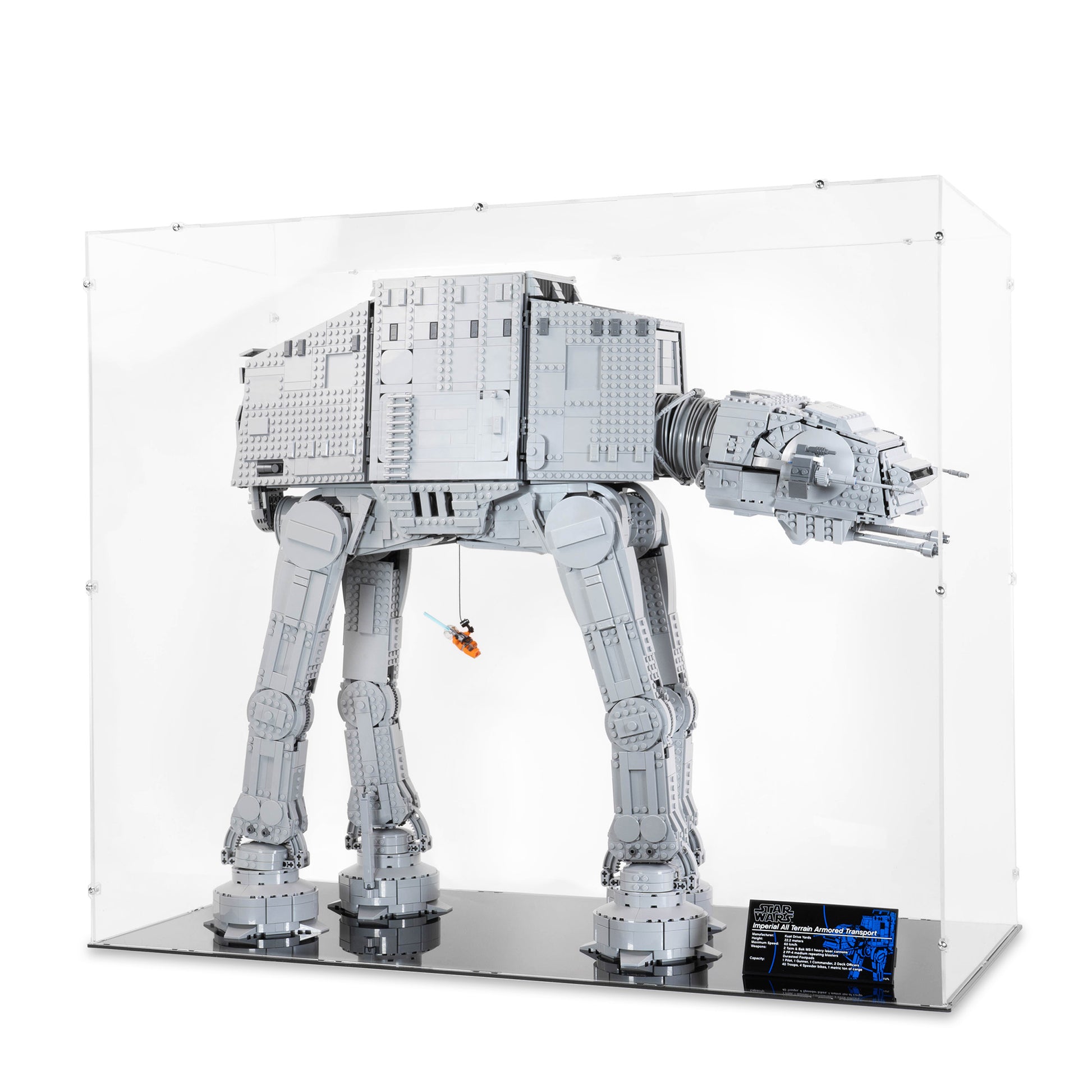 Angled view of LEGO 75313 UCS AT-AT Display Case with a black base.