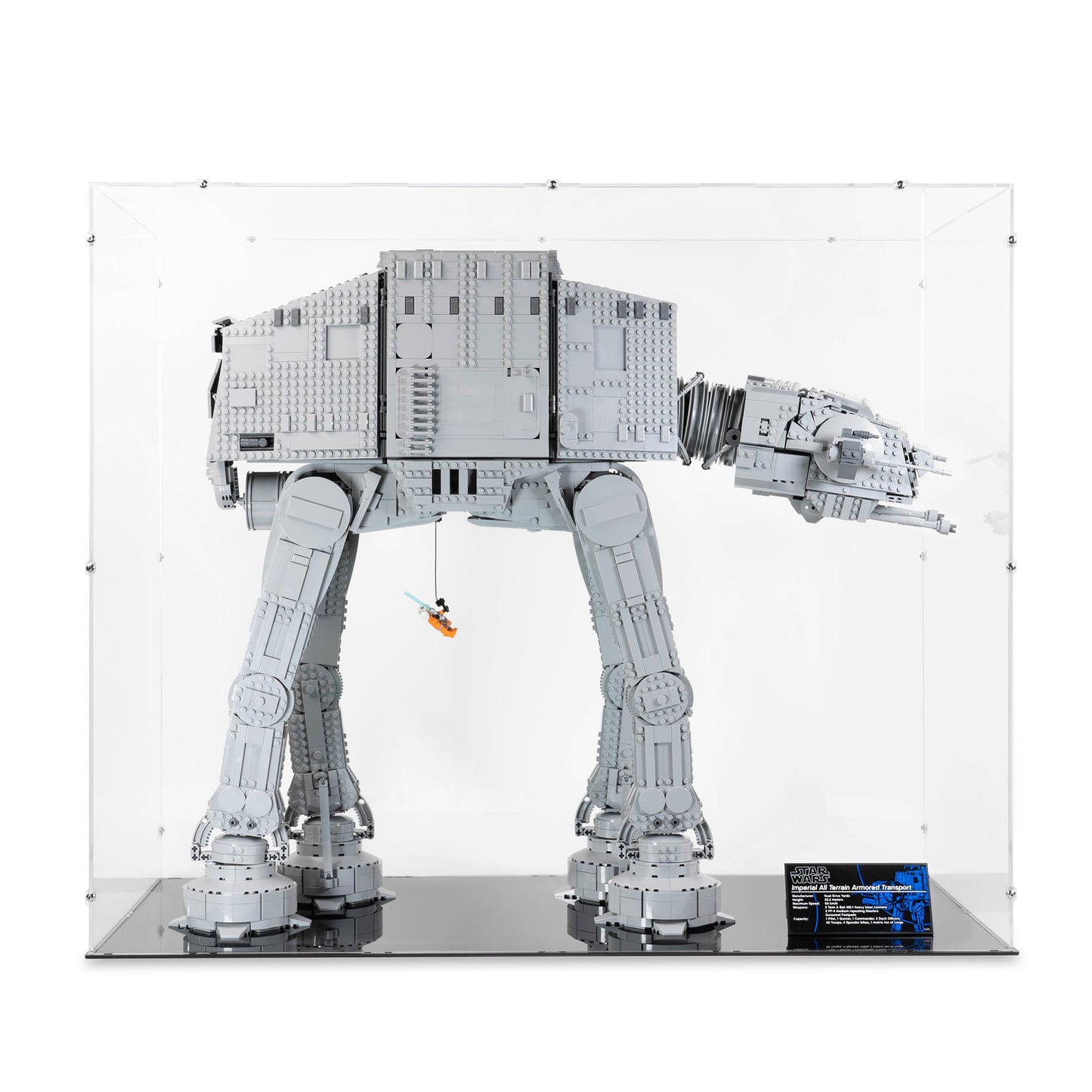 Front view of LEGO 75313 UCS AT-AT Display Case with a black base.