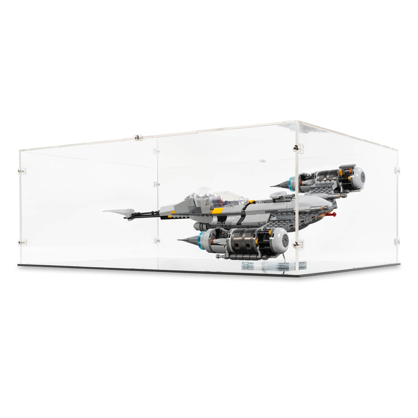 Angled view of LEGO 75325 The Mandalorian's N-1 Starfighter Display Case and Angled Stand.