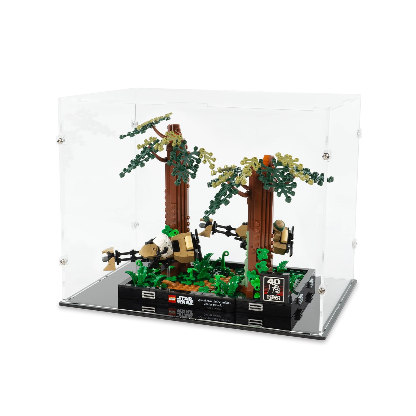 Angled top view of LEGO 75353 Endor Speeder Chase Diorama Display Case.