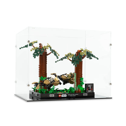 Angled view of LEGO 75353 Endor Speeder Chase Diorama Display Case.