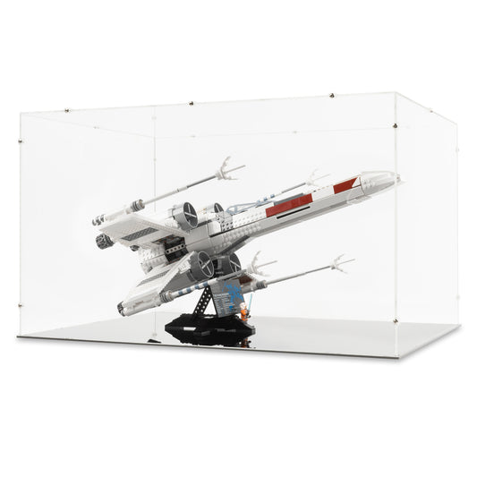 Angled view of LEGO 75355 UCS X-Wing Starfighter Display Case.