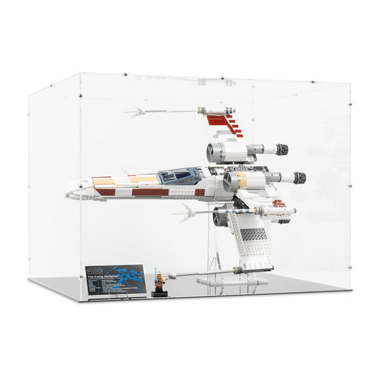 Angled view of LEGO 75355 UCS X-Wing Starfighter Display Case and Stand.