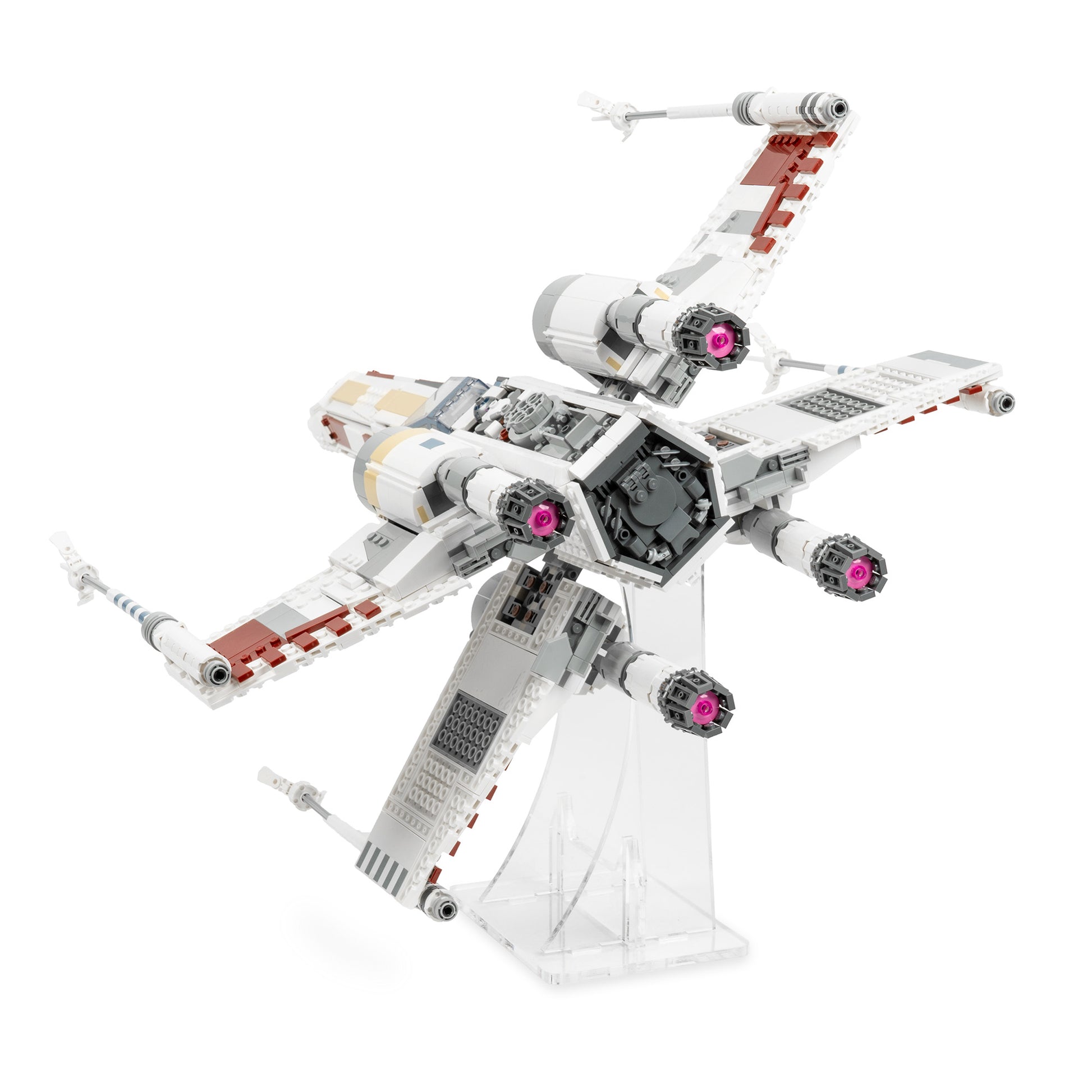 Side angled view of LEGO 75355 UCS X-Wing Starfighter Display Stand.