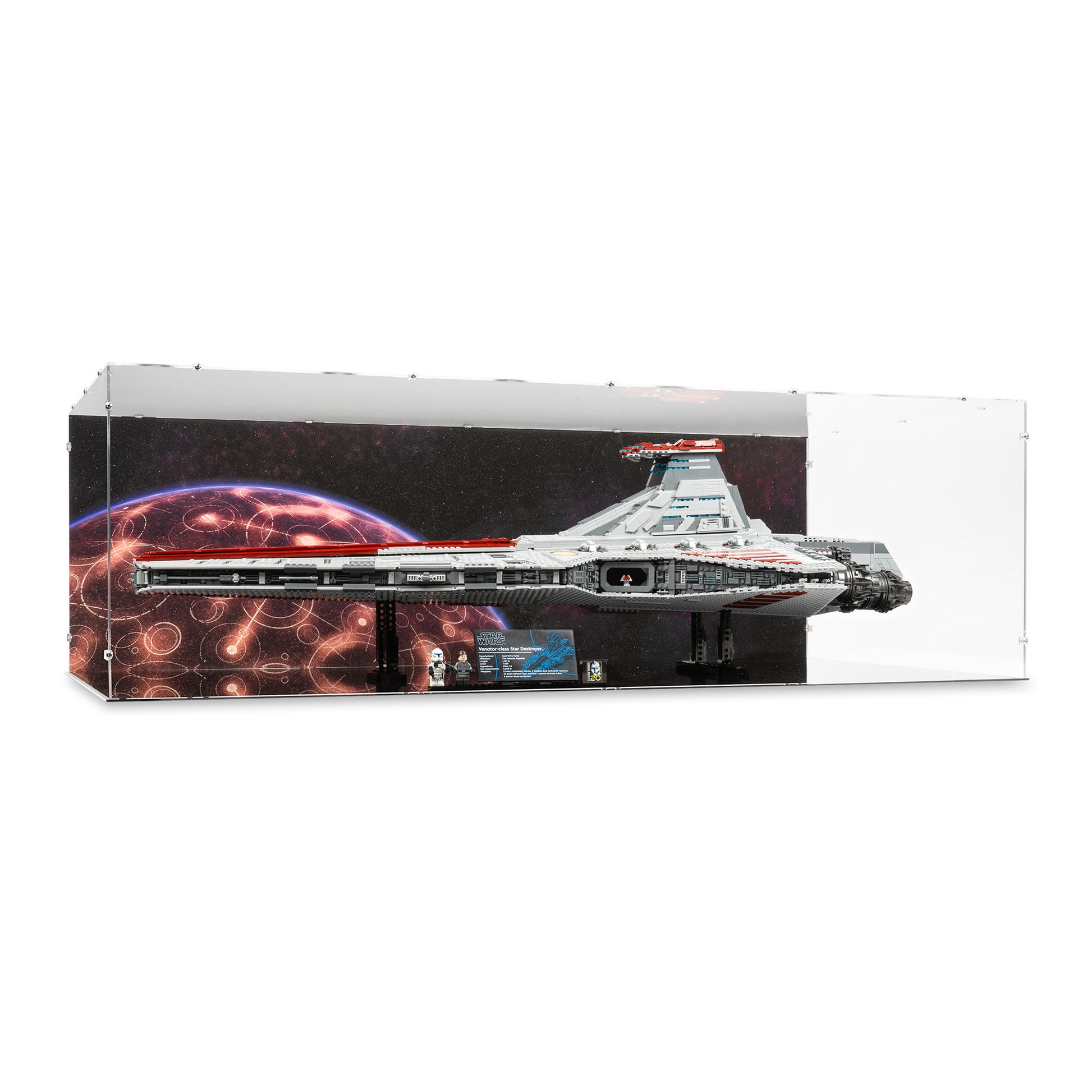 Angled view of LEGO 75367 UCS Venator-Class Republic Attack Cruiser Display Case with a UV printed background.