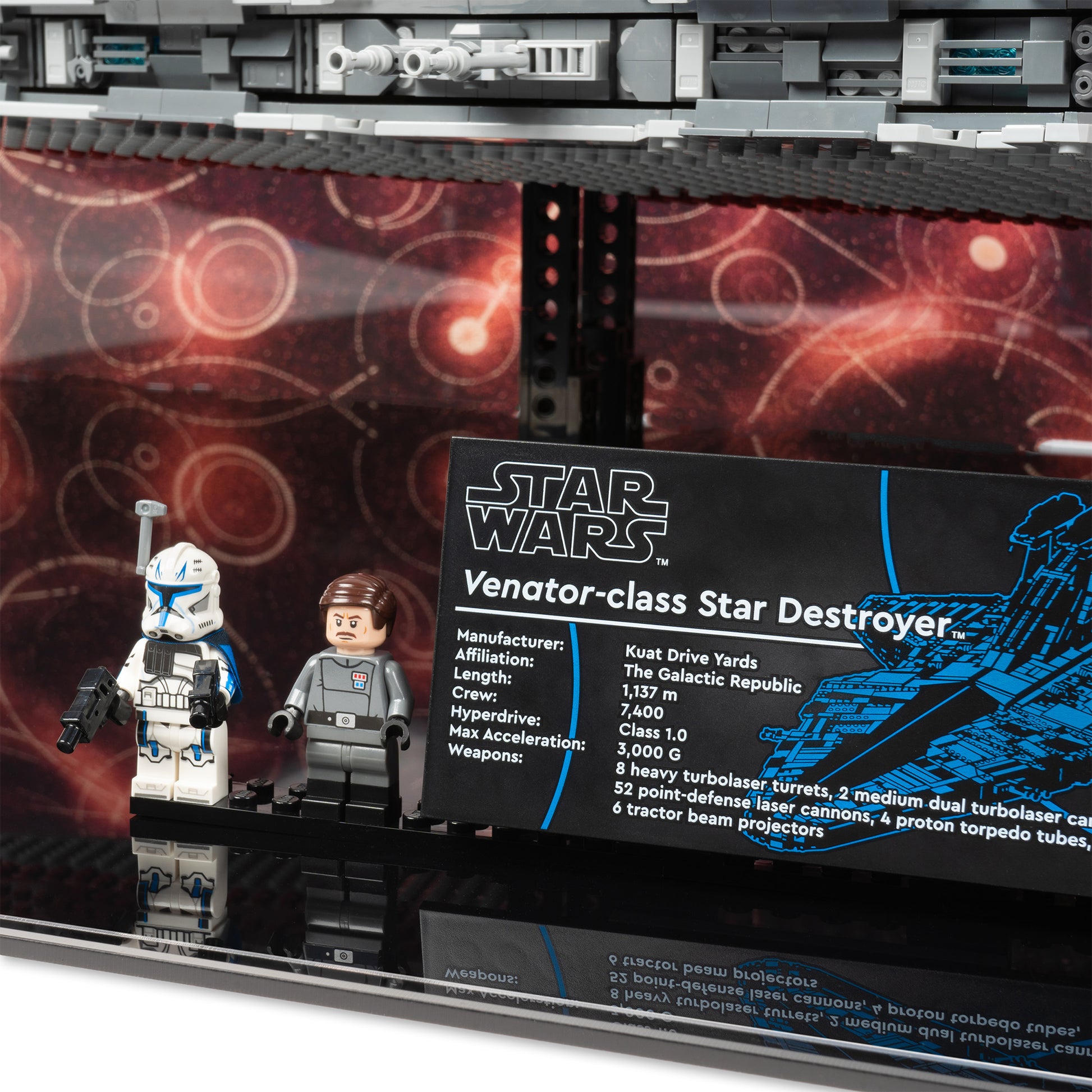 Plaque detail view of LEGO 75367 UCS Venator-Class Republic Attack Cruiser Display Case with a UV printed background.
