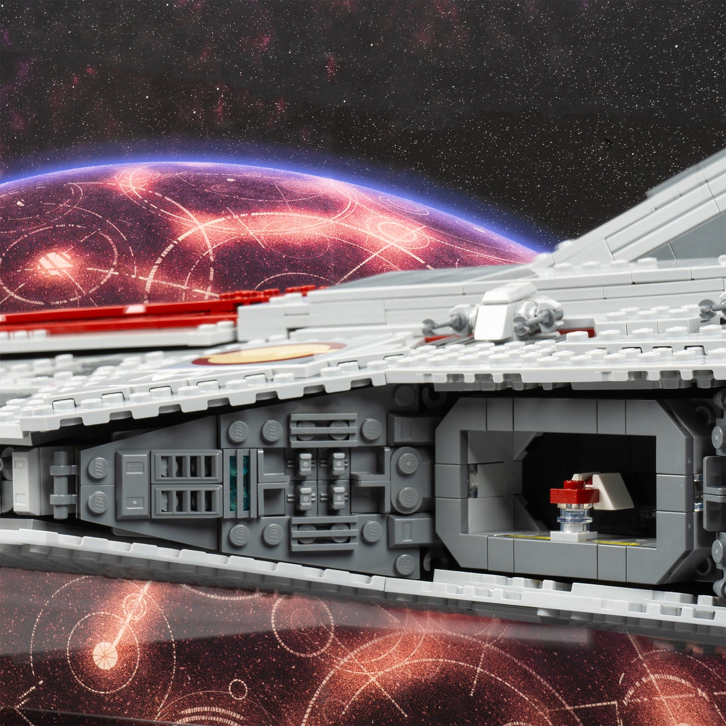Docking bay detail view of LEGO 75367 UCS Venator-Class Republic Attack Cruiser Display Case with a UV printed background.