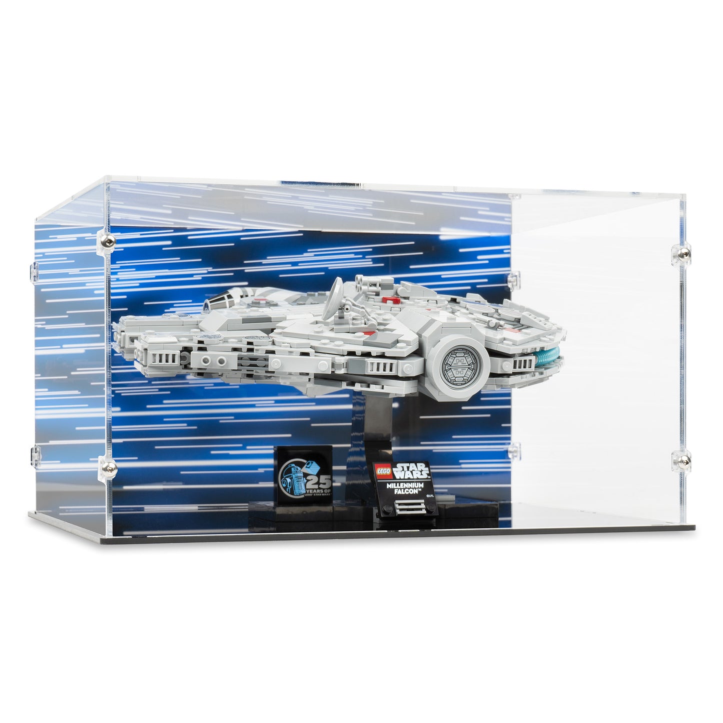 Angled view of LEGO 75375 Millennium Falcon Display Case with a UV printed background.