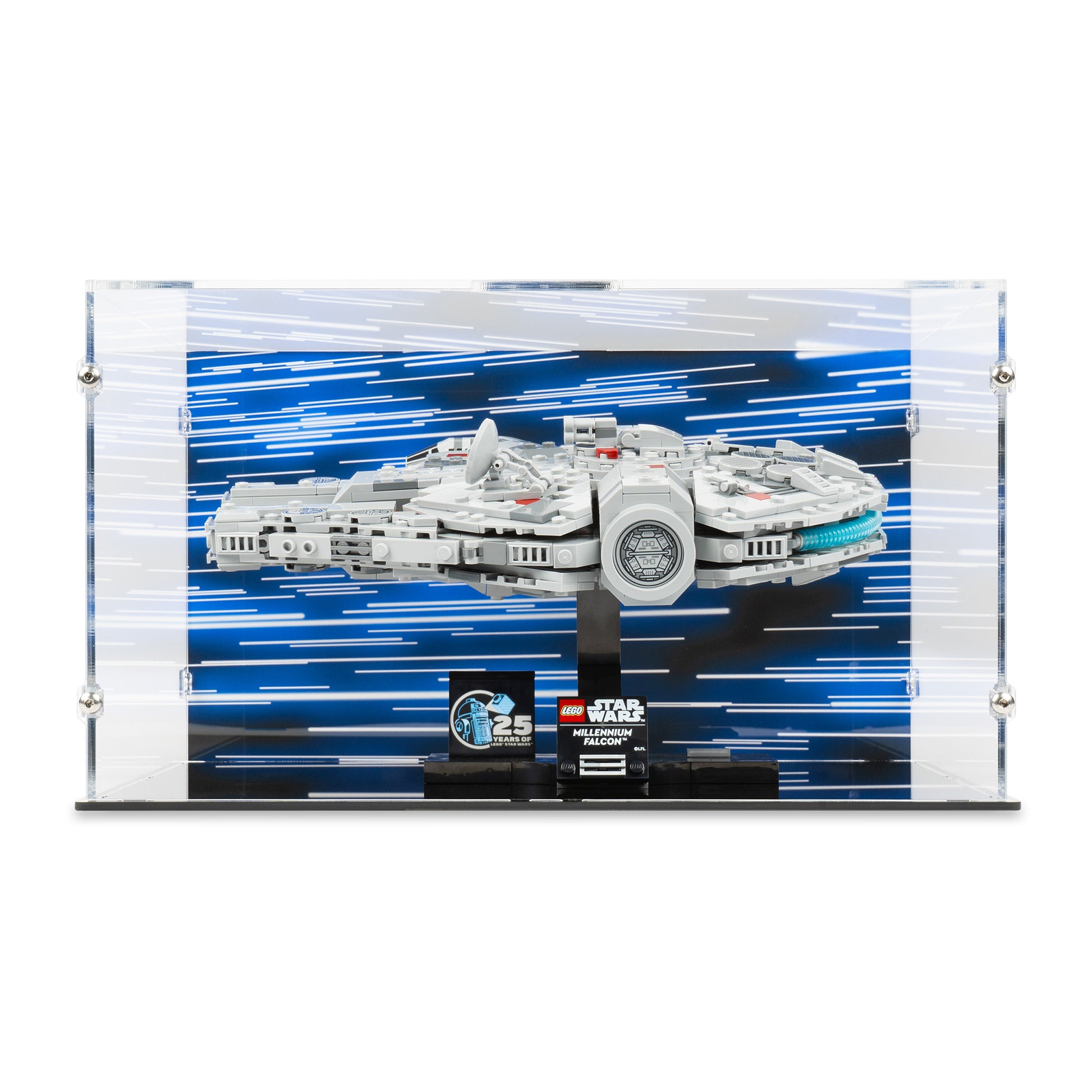 Front view of LEGO 75375 Millennium Falcon Display Case with a UV printed background.