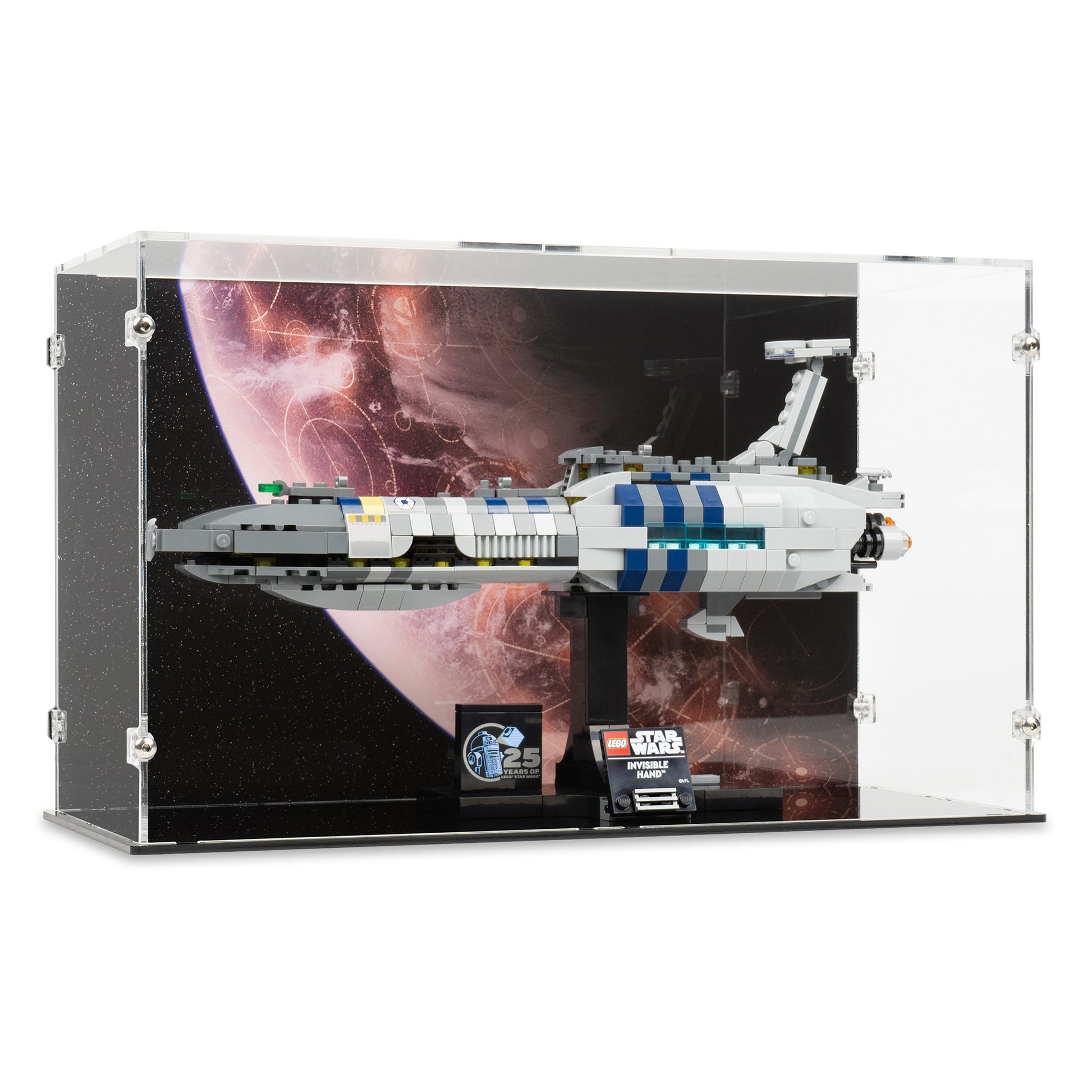 Angled view of LEGO 75377 Invisible Hand Display Case with a UV printed background.