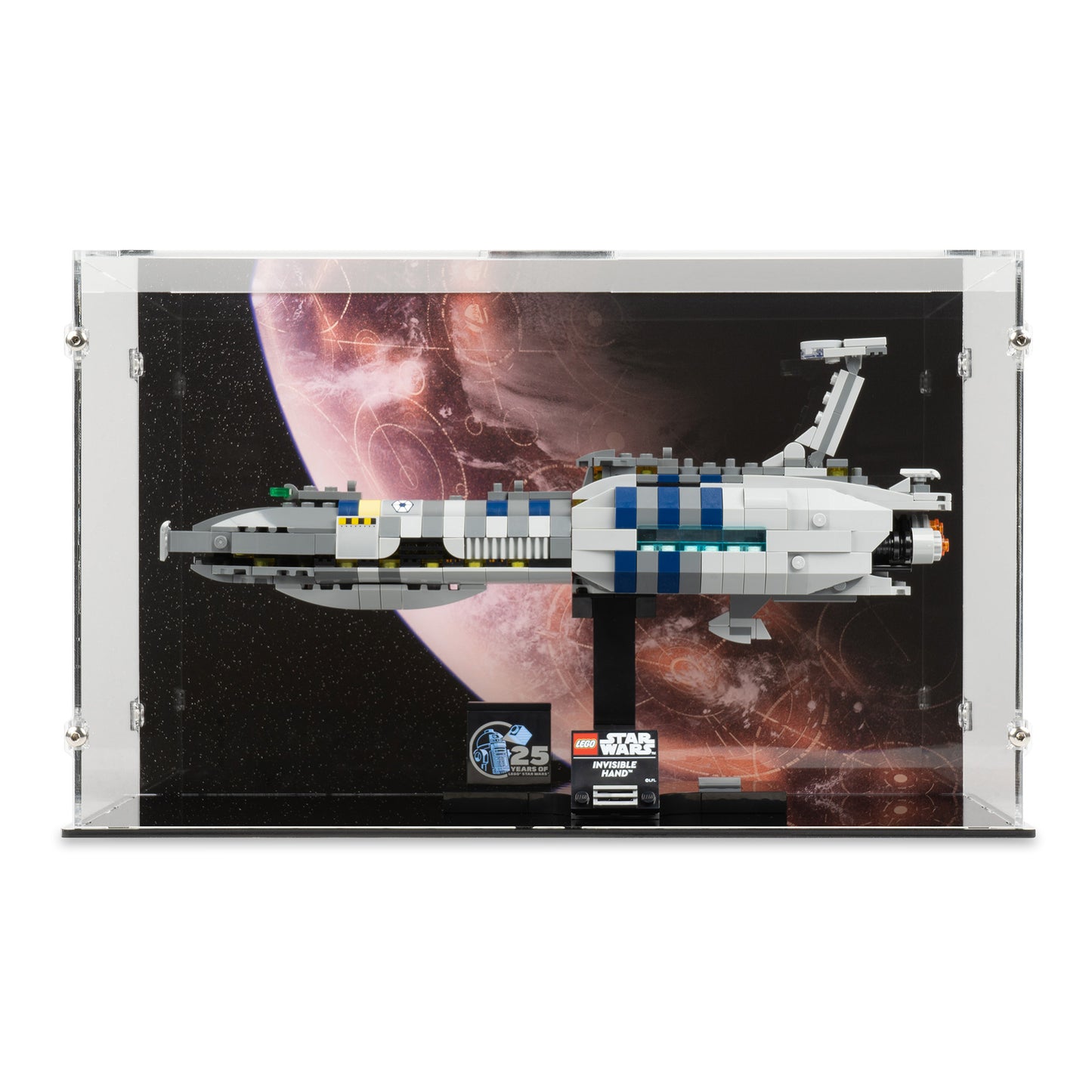 Front view of LEGO 75377 Invisible Hand Display Case with a UV printed background.