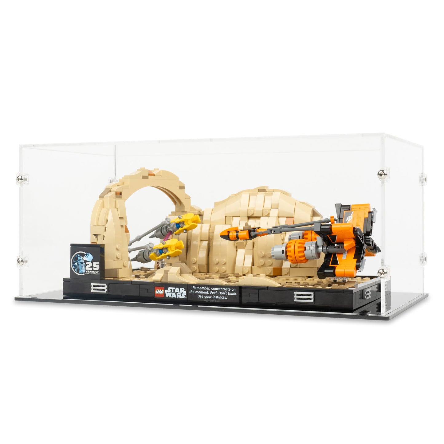 Angled view of LEGO 75380 Mos Espa Podrace Diorama Display Case.