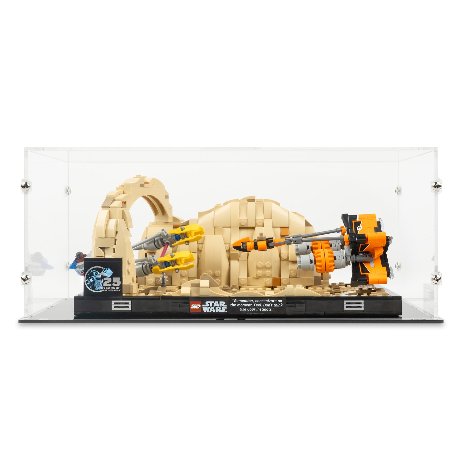 Front view of LEGO 75380 Mos Espa Podrace Diorama Display Case.