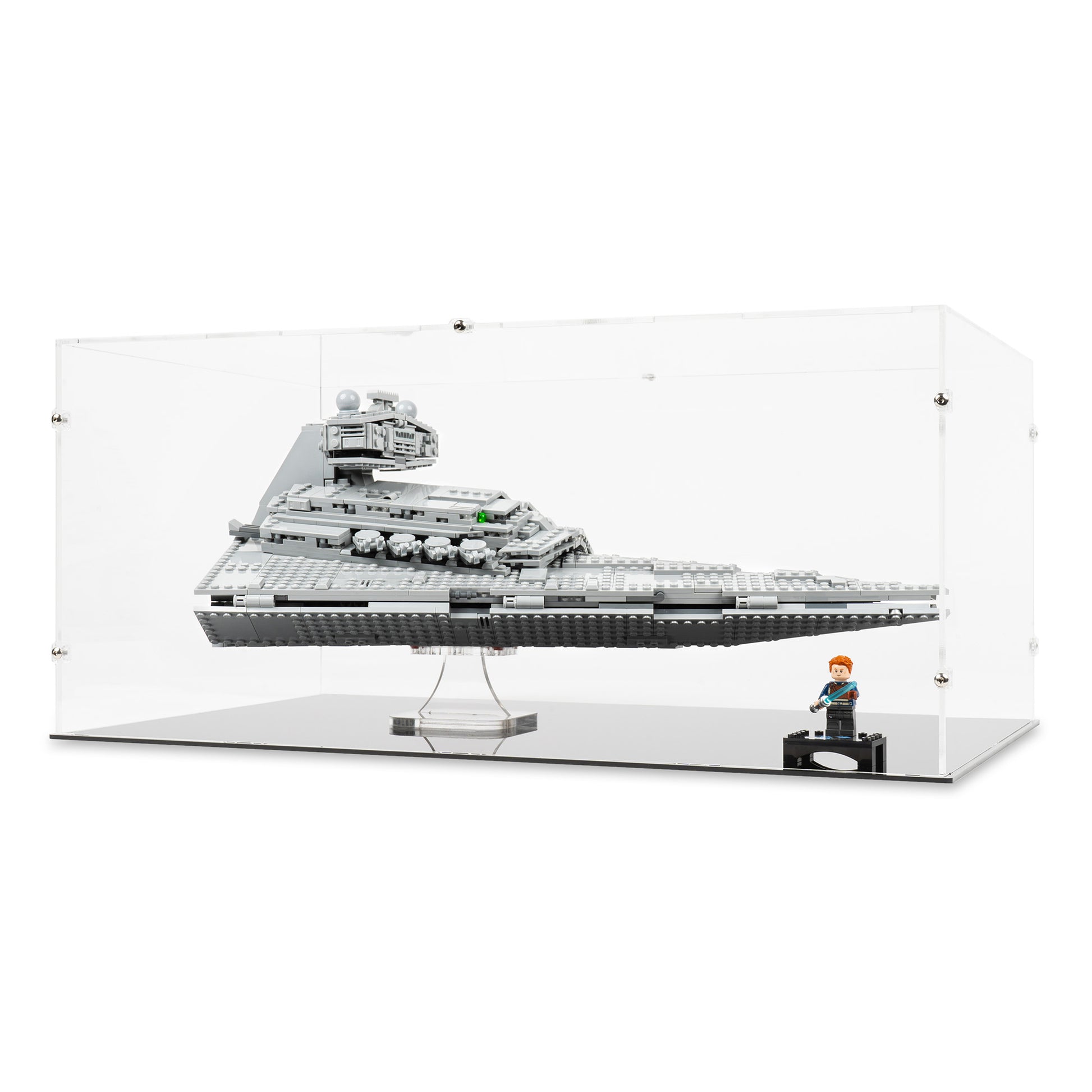 Angled view of LEGO 75394 Imperial Star Destroyer Display Case and Stand.