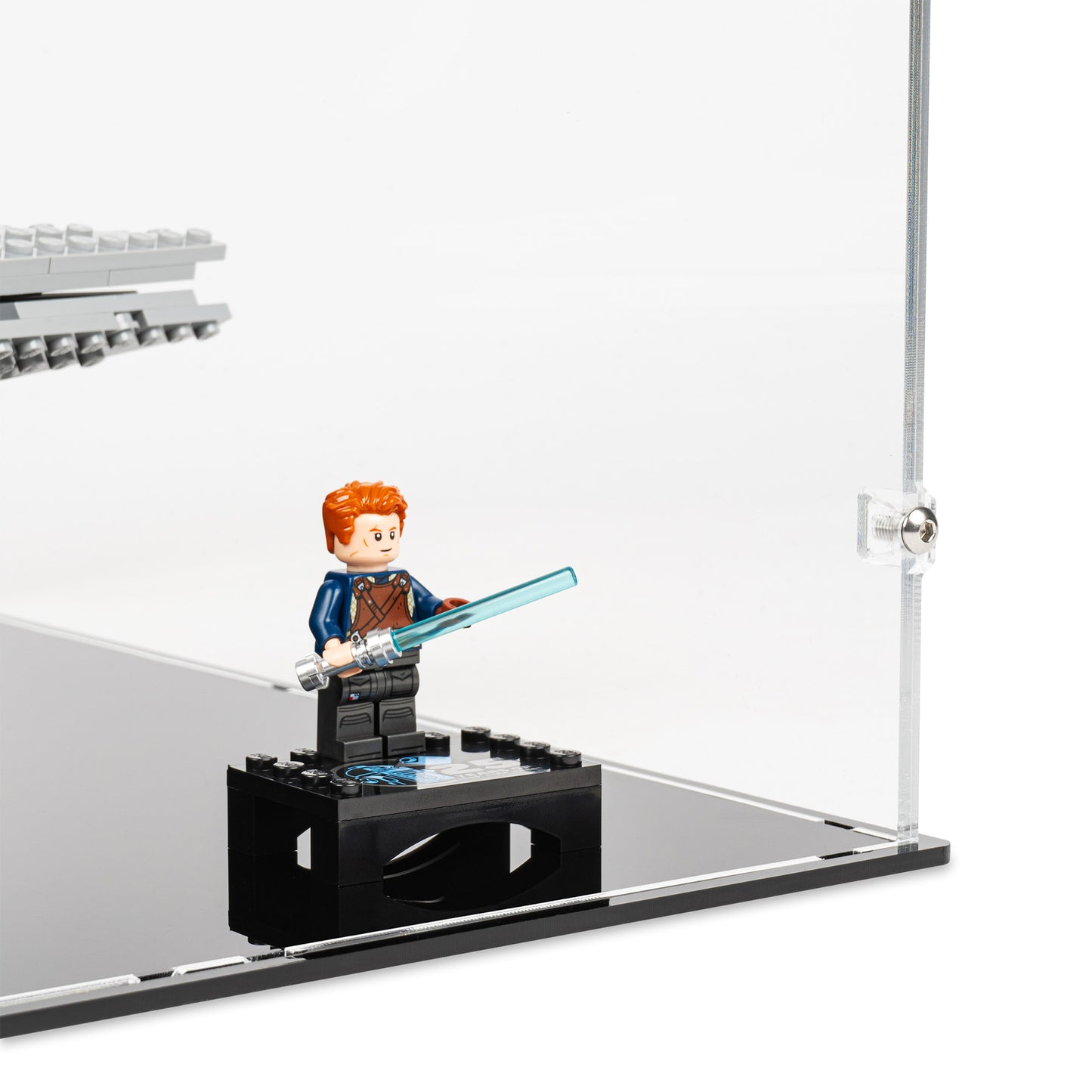 Fitting detail view of LEGO 75394 Imperial Star Destroyer Display Case and Stand with a UV printed background.