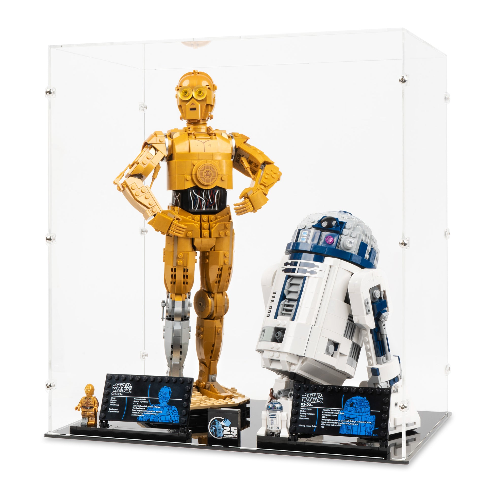 Angled view of LEGO 75398 & 75379 C-3PO and R2-D2 Display Case.