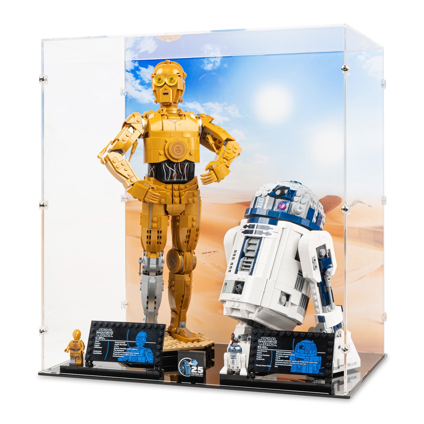 Angled view of LEGO 75398 & 75379 C-3PO and R2-D2 Display Case with a UV printed background.