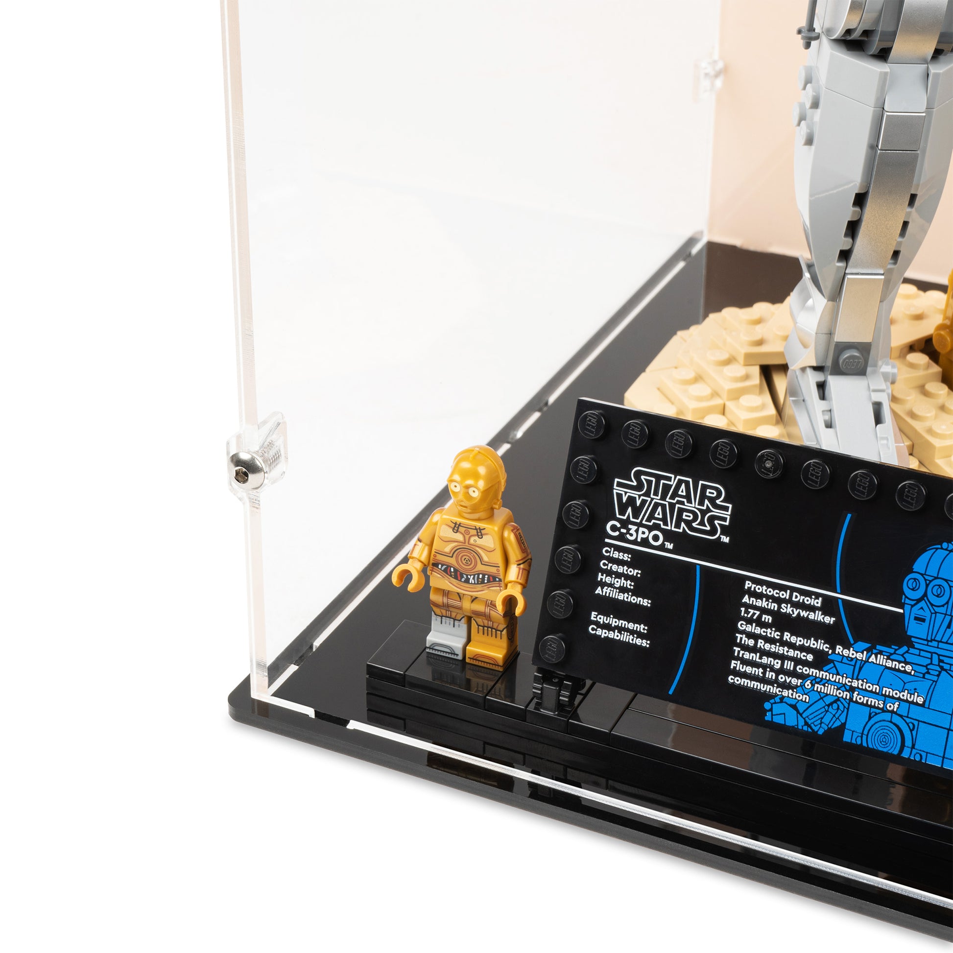 Fitting detail view of LEGO 75398 & 75379 C-3PO and R2-D2 Display Case with a UV printed background.