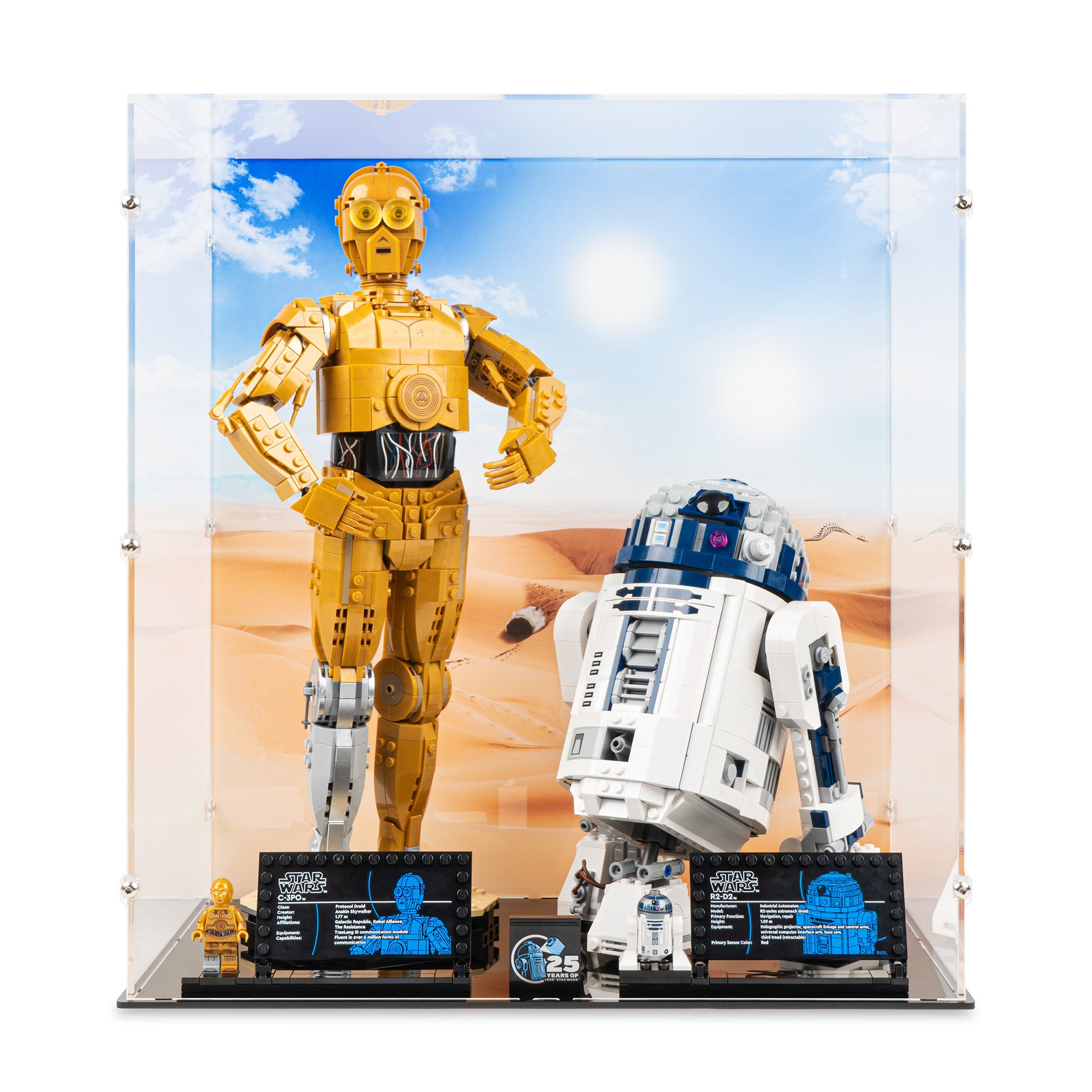 Front view of LEGO 75398 & 75379 C-3PO and R2-D2 Display Case with a UV printed background.