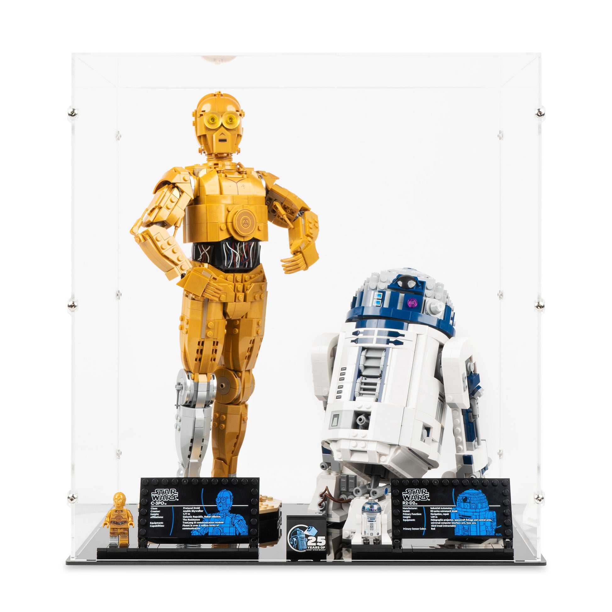 Front view of LEGO 75398 & 75379 C-3PO and R2-D2 Display Case.