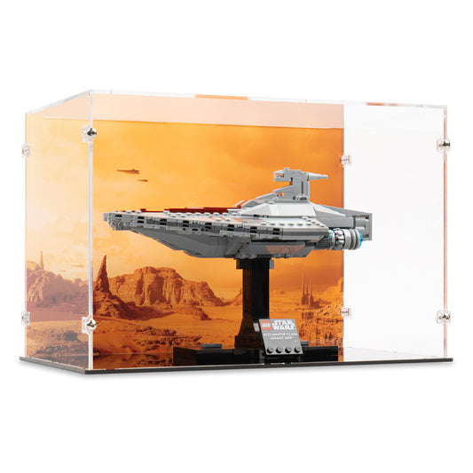 Angled view of LEGO 75404 Acclamator-Class Assault Ship Display Case with a UV printed background.