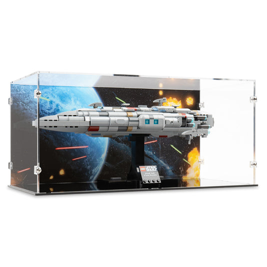 Angled view of LEGO 75405 Home One Starcruiser Display Case with a UV printed background.