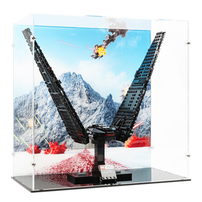 Angled view of LEGO 75406 Kylo Ren's Command Shuttle Display Case with a UV printed background.