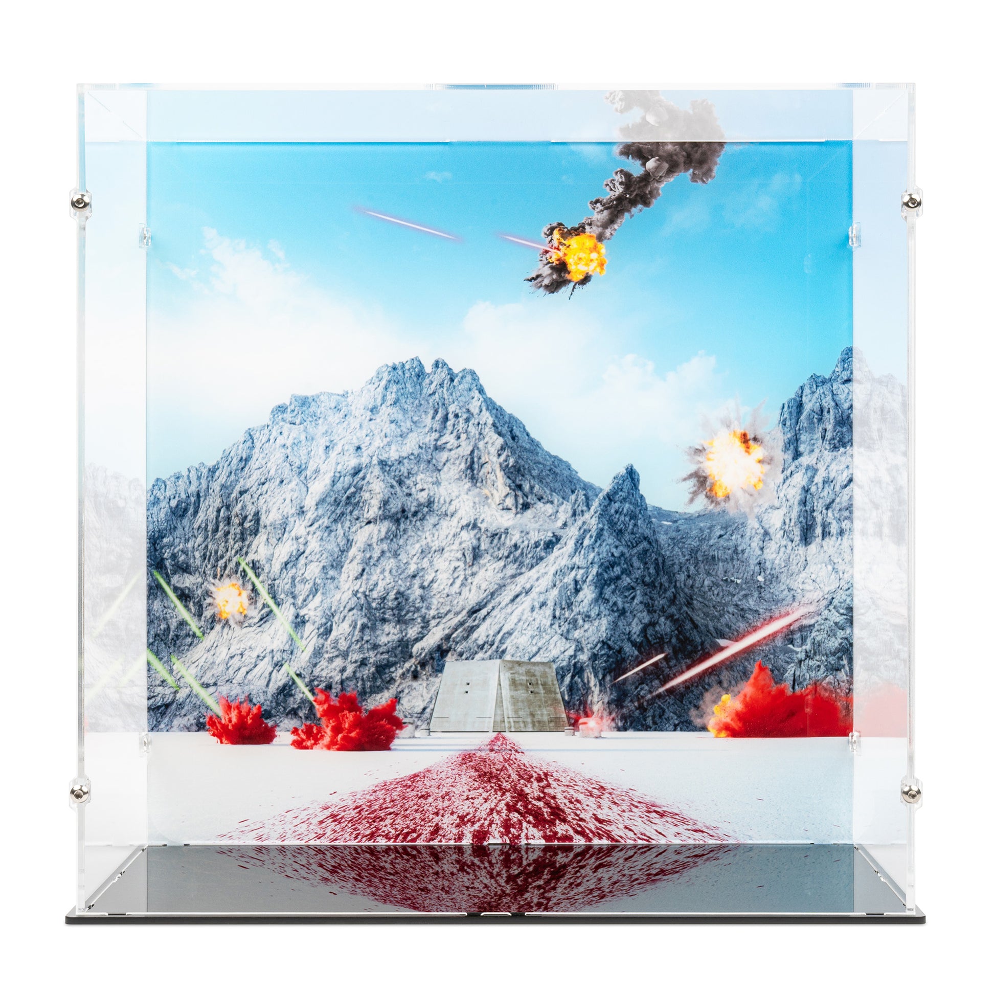 Front view of empty LEGO 75406 Kylo Ren's Command Shuttle Display Case with a UV printed background.