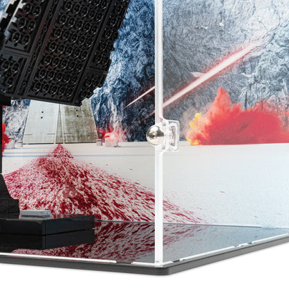 Fitting detail view of LEGO 75406 Kylo Ren's Command Shuttle Display Case with a UV printed background.