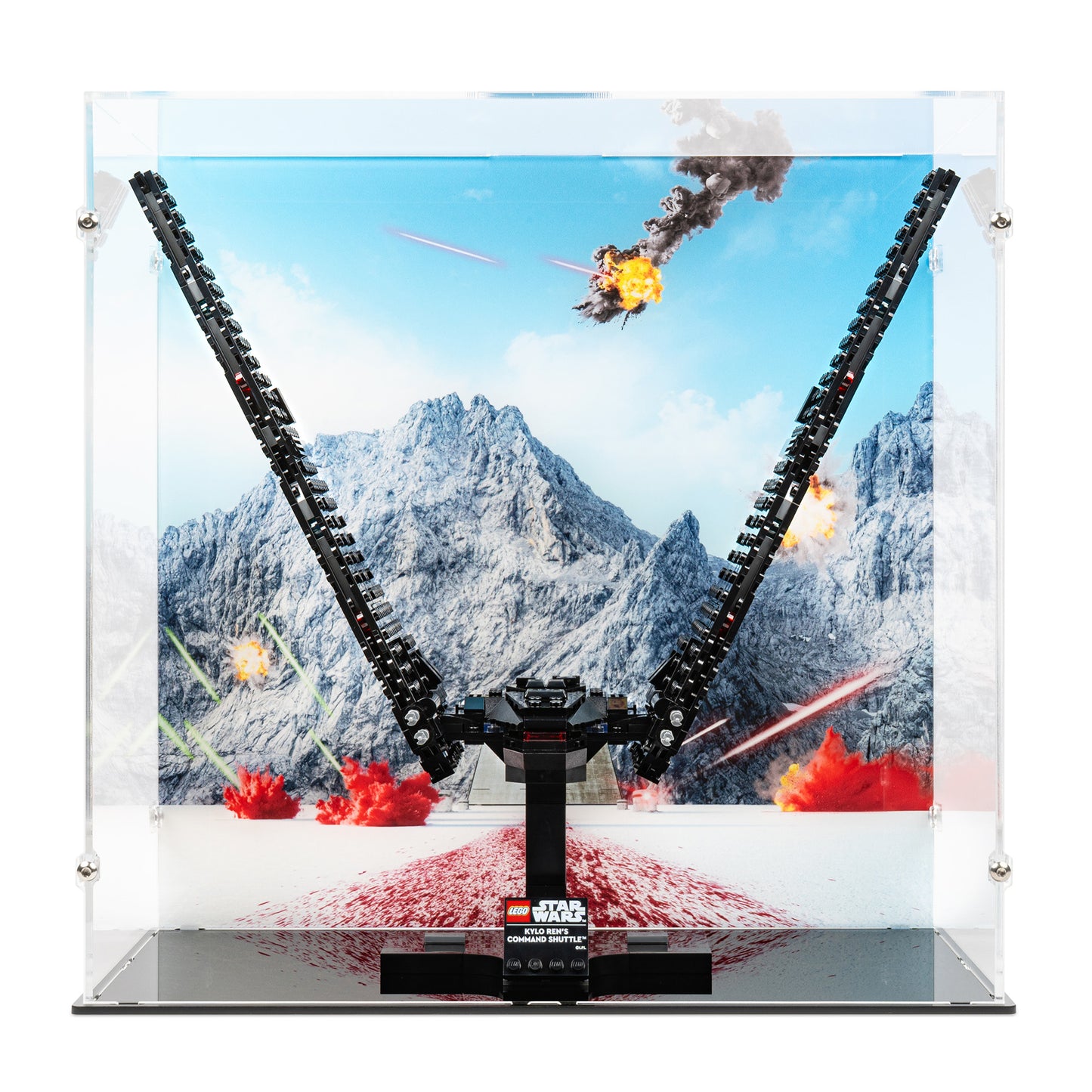 Front view of LEGO 75406 Kylo Ren's Command Shuttle Display Case with a UV printed background.