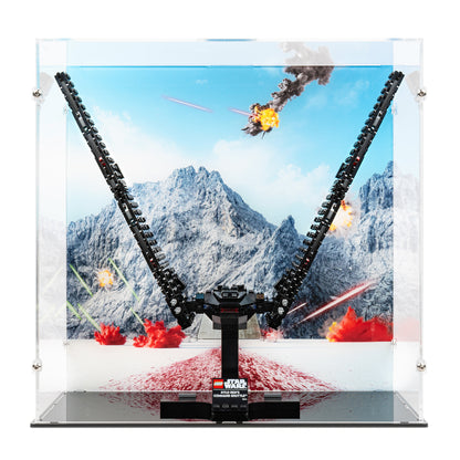 Front view of LEGO 75406 Kylo Ren's Command Shuttle Display Case with a UV printed background.