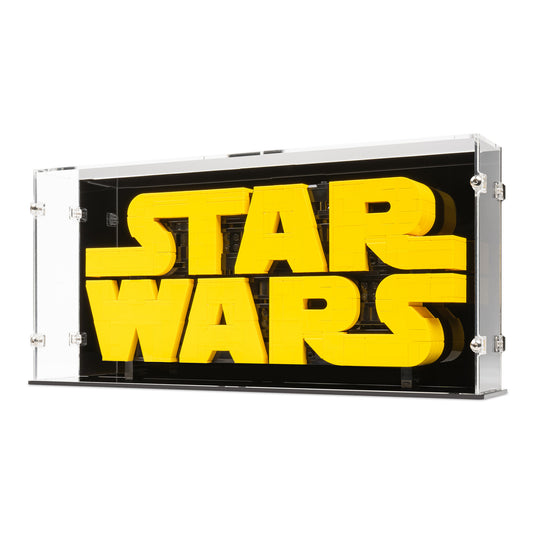 Angled view of LEGO 75407 Brick-Built Star Wars Logo Display Case with a black background.