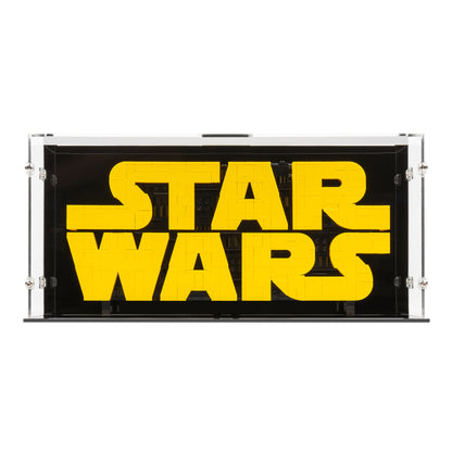 Front view of LEGO 75407 Brick-Built Star Wars Logo Display Case with a black background.