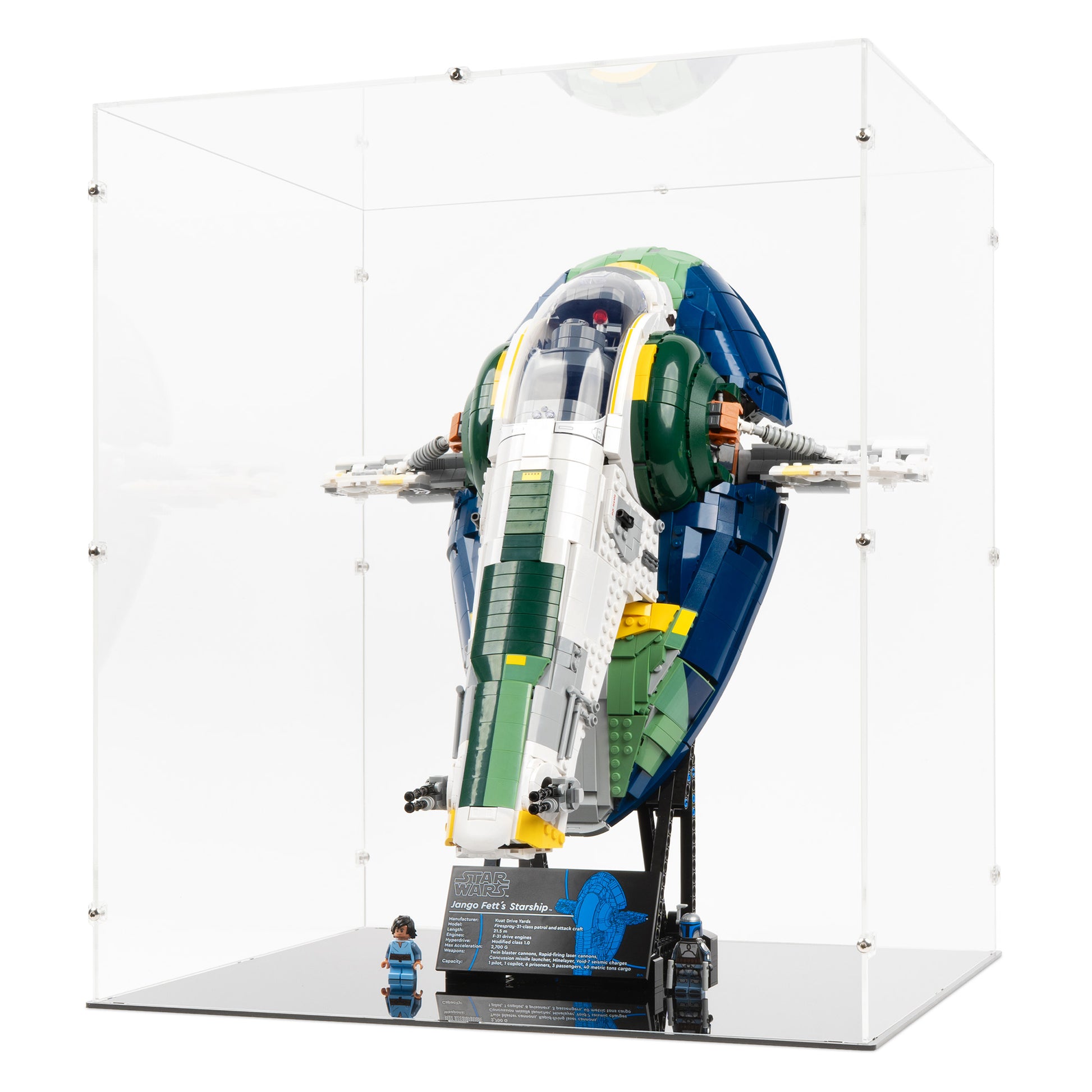 Angled view of LEGO 75409 UCS Jango Fett's Firespray-Class Starship Display Case.