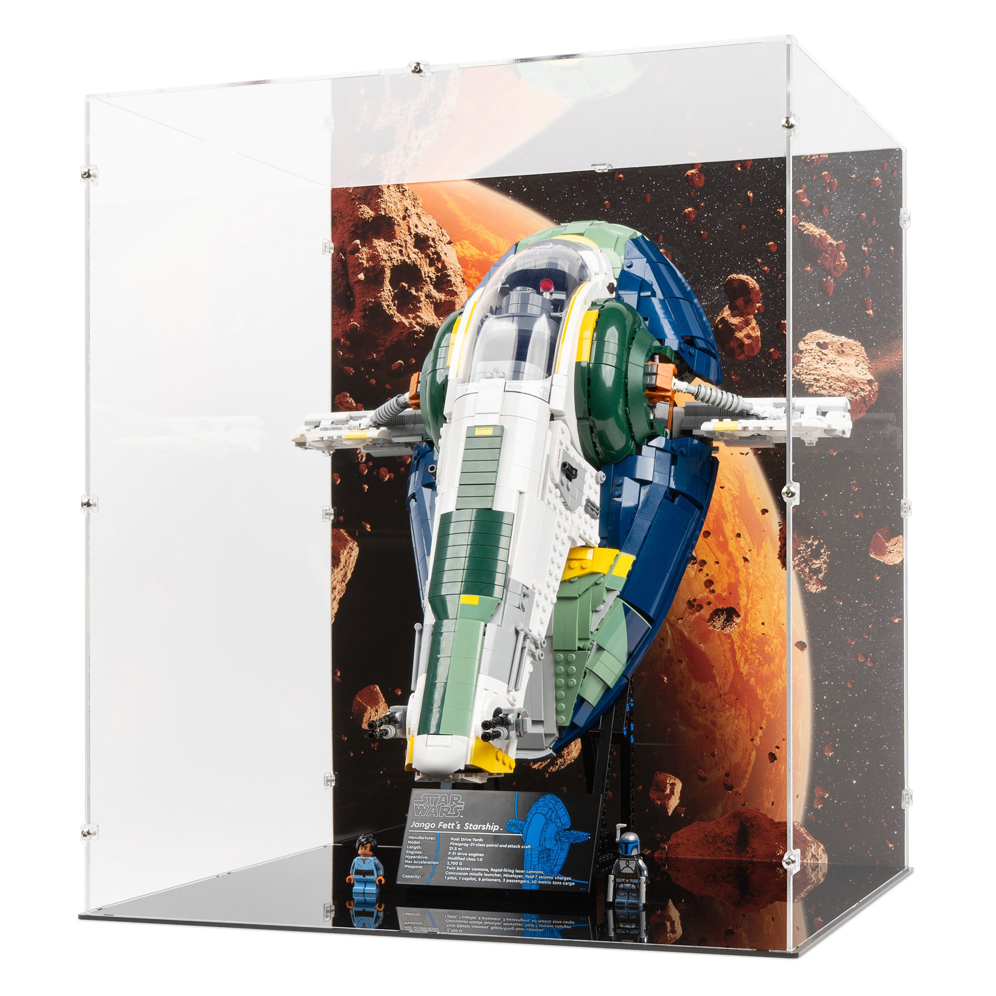 Angled view of LEGO 75409 UCS Jango Fett's Firespray-Class Starship Display Case with a UV printed background.
