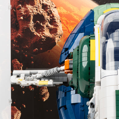 Wing detail view of LEGO 75409 UCS Jango Fett's Firespray-Class Starship Display Case with a UV printed background.
