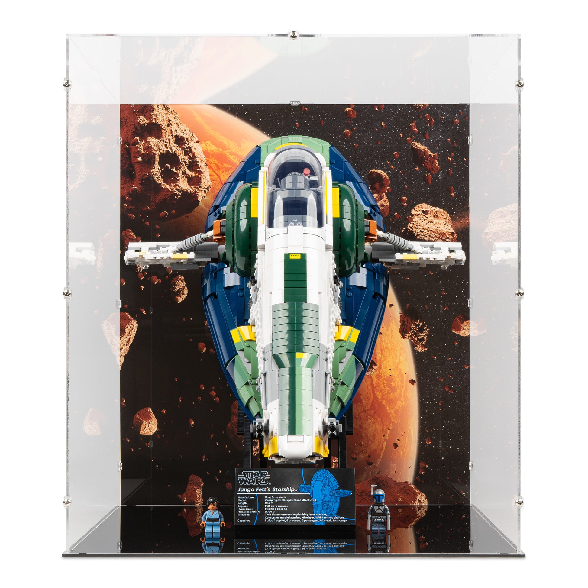 Front view of LEGO 75409 UCS Jango Fett's Firespray-Class Starship Display Case with a UV printed background.