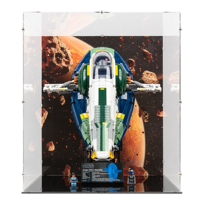 Front view of LEGO 75409 UCS Jango Fett's Firespray-Class Starship Display Case with a UV printed background.