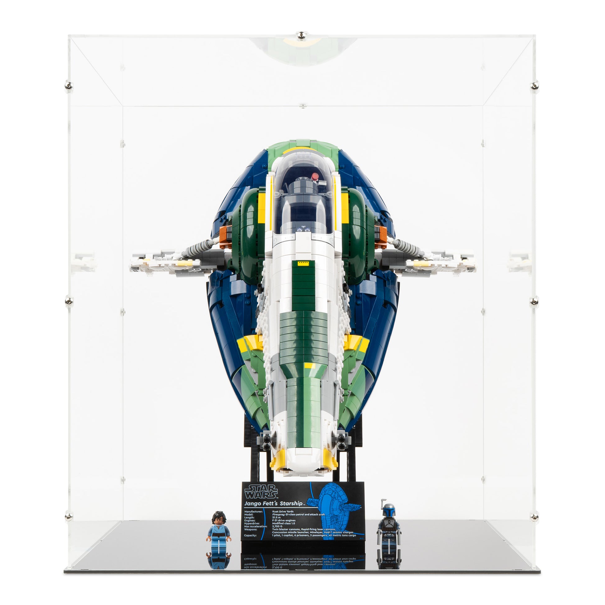 Front view of LEGO 75409 UCS Jango Fett's Firespray-Class Starship Display Case.