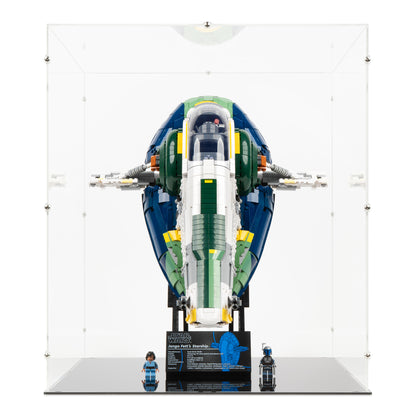 Front view of LEGO 75409 UCS Jango Fett's Firespray-Class Starship Display Case.