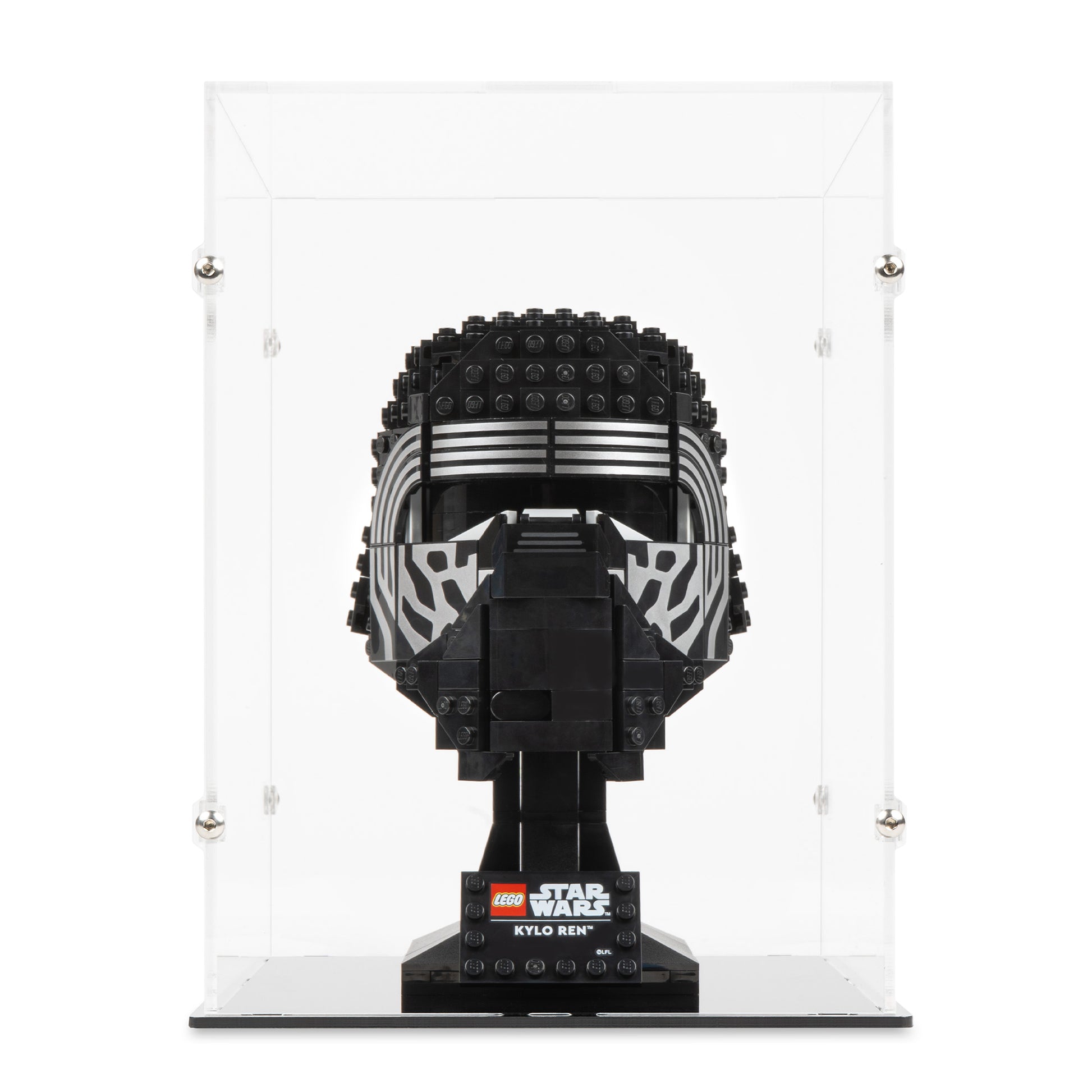 Front view of LEGO 75415 Kylo Ren Helmet Display Case.