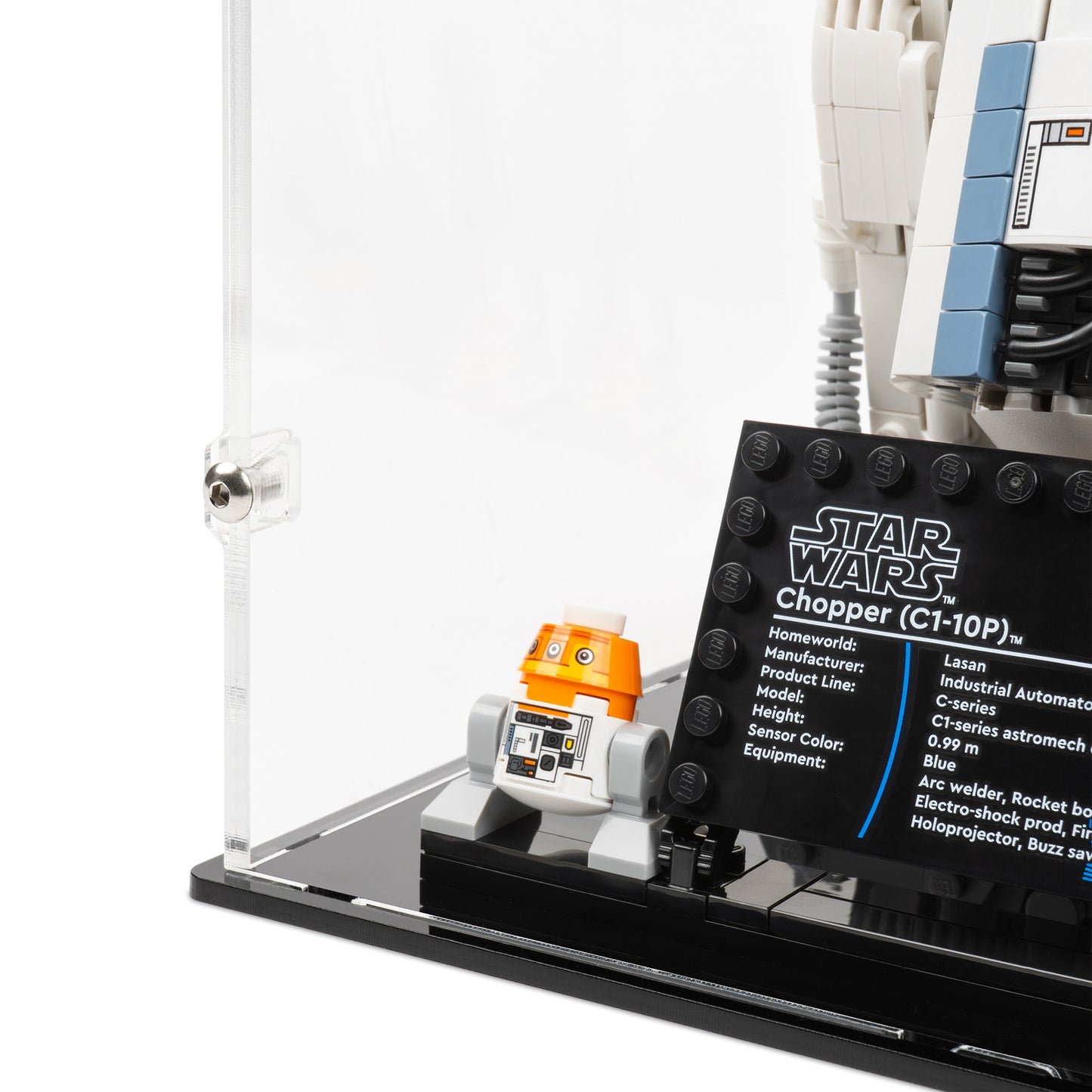Fitting detail view of LEGO 75416 Chopper C1-10P Astromech Droid Display Case.