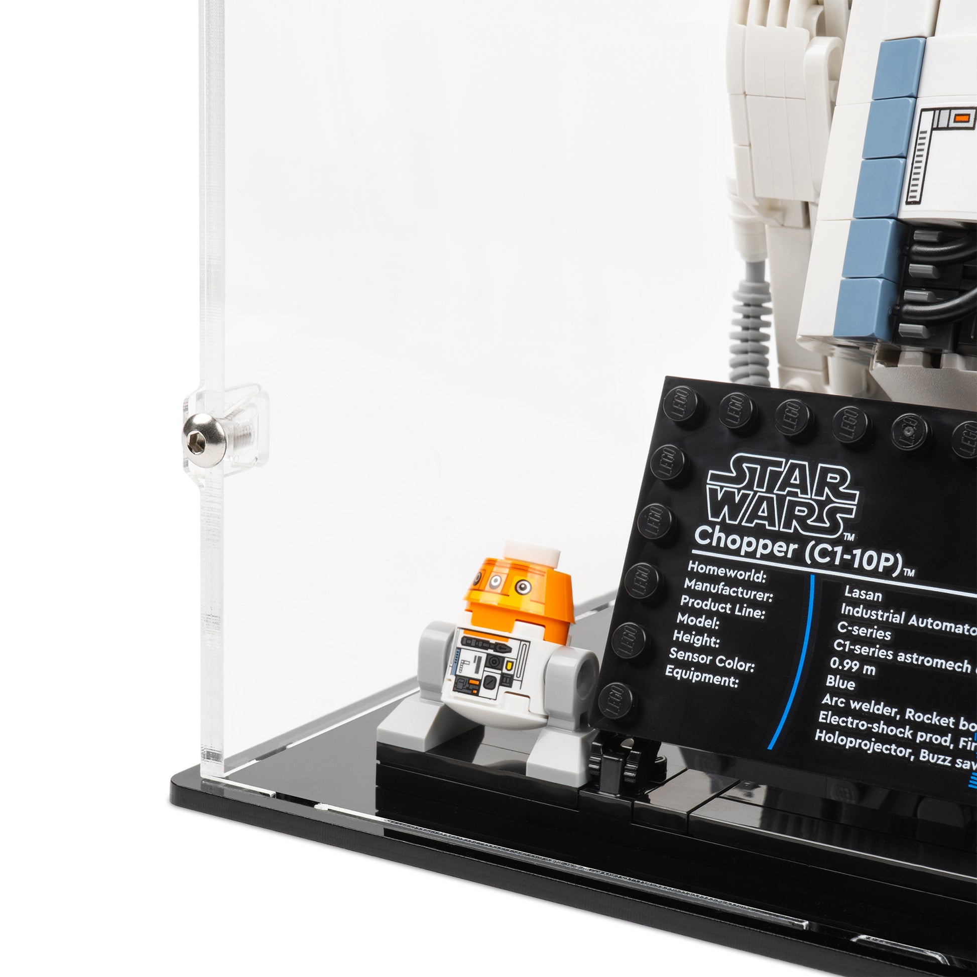 Fitting detail view of LEGO 75416 Chopper C1-10P Astromech Droid Display Case.